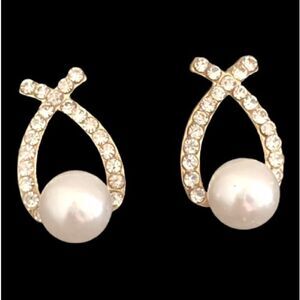 Criss Cross Faux Pearl & Rhinestone Crystal CZ Earrings Gold Tone Bridal Gift